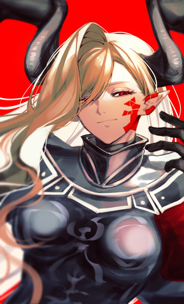 1girl armor black_armor black_horns blonde_hair cape dragon_horns facial_mark fate/grand_order fate_(series) hair_over_one_eye horns long_hair nero_claudius_(fate) pointy_ears queen_draco_(fate) queen_draco_(third_ascension)_(fate) red_background red_cape red_eyes simple_background smile solo sunanogimo upper_body wavy_hair