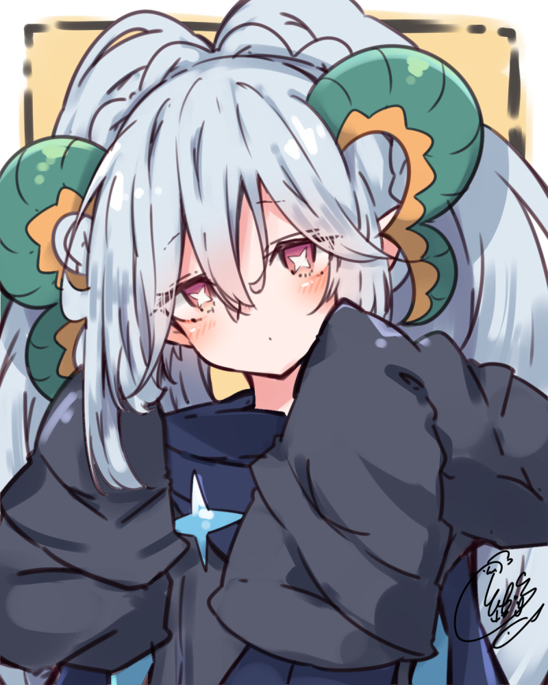 1girl beni_shake black_dress blue_scarf blush brown_background commentary_request dress fate/grand_order fate_(series) grey_hair hair_between_eyes head_tilt horns larva_tiamat_(fate) long_hair long_sleeves looking_at_viewer red_eyes scarf signature sleeves_past_fingers sleeves_past_wrists solo symbol-shaped_pupils tiamat_(fate) upper_body very_long_hair