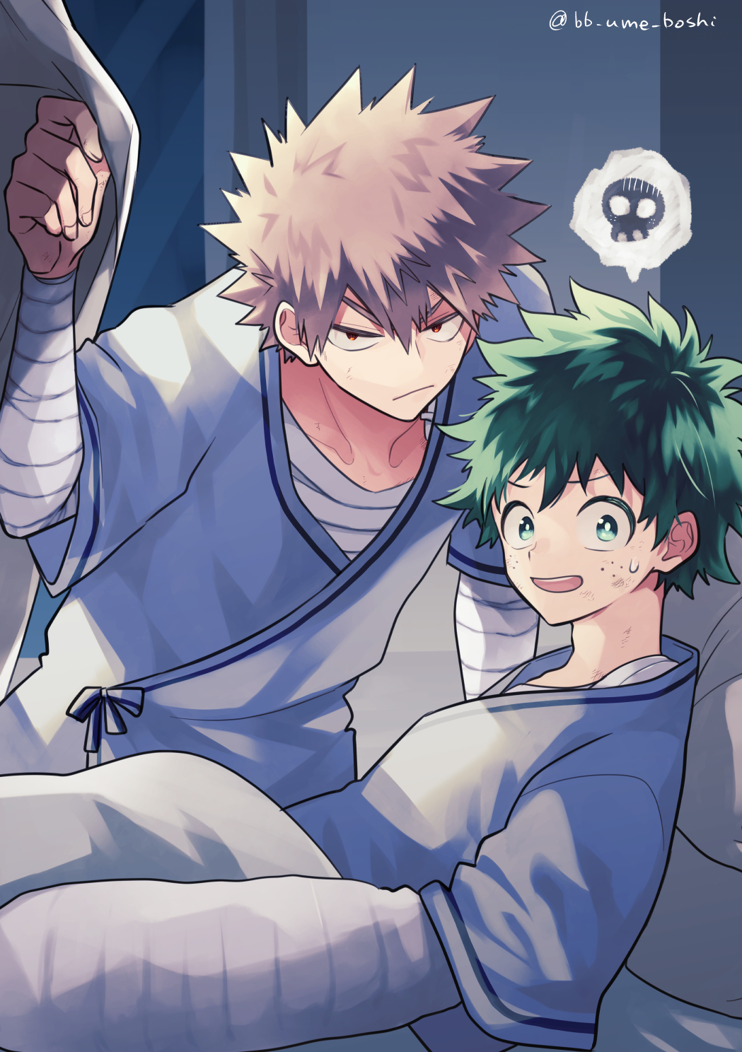 2boys :/ alternate_hair_color bakugou_katsuki bandaged_arm bandaged_chest bandages blanket boku_no_hero_academia bright_pupils brown_hair closed_mouth curtains eyebrows_hidden_by_hair freckles from_side green_eyes green_hair green_pupils hair_between_eyes hand_up highres hospital hospital_gown indoors leaning_forward light looking_at_viewer looking_to_the_side male_focus midoriya_izuku multiple_boys on_bed open_mouth pillow pixiv_username raised_eyebrows reclining red_eyes sanpaku scratches short_hair short_sleeves single_horizontal_stripe smile spiky_hair spoilers spoken_skull sweatdrop turning_head twitter_username ume_(326310) under_covers upper_body v-shaped_eyebrows window