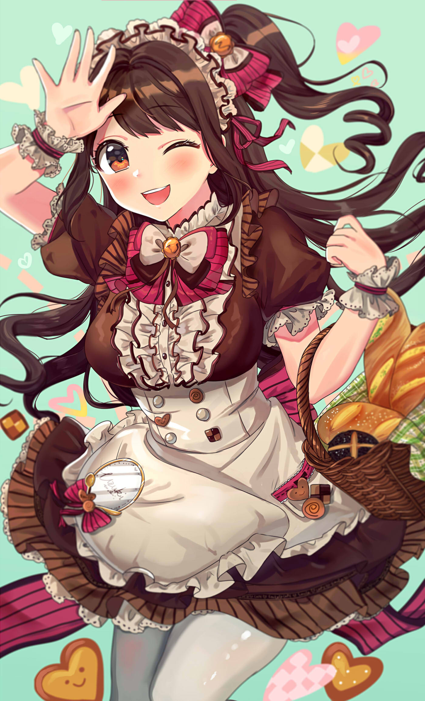 1girl ;d apron arm_up baguette basket blush bow bowtie bread breasts brown_dress brown_eyes brown_hair cookie cowboy_shot dress food frilled_dress frills green_background hair_ribbon hand_up headdress heart highres holding holding_basket idolmaster idolmaster_cinderella_girls idolmaster_cinderella_girls_starlight_stage long_hair looking_at_viewer medium_breasts one_eye_closed one_side_up open_mouth puffy_short_sleeves puffy_sleeves red_bow red_bowtie red_ribbon ribbon scrunchie shimamura_uzuki short_sleeves smile solo teeth thigh-highs upper_teeth_only waist_apron wenquangua white_apron white_thighhighs