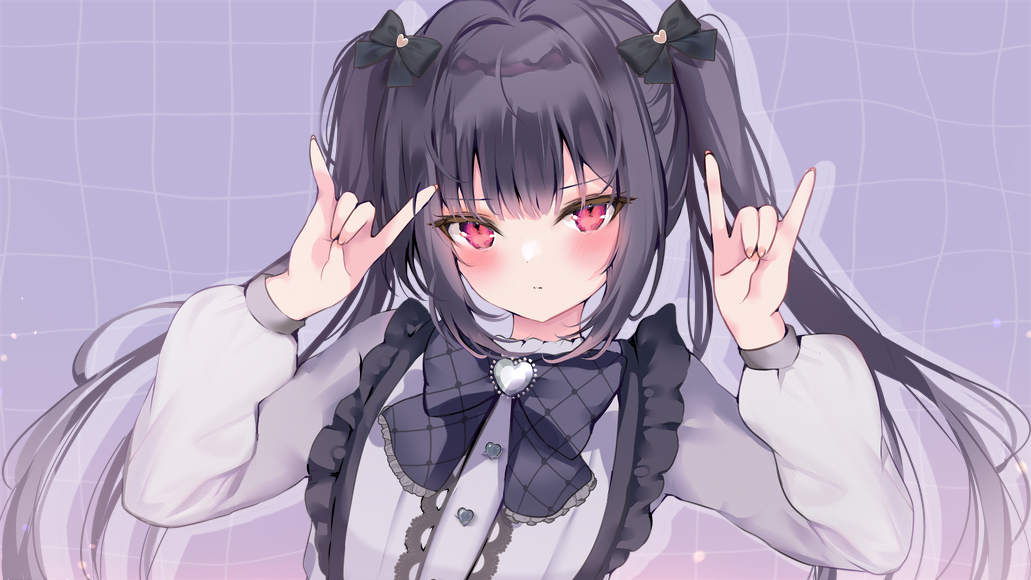 1girl \m/ black_bow black_hair blush bow center_frills closed_mouth commentary_request double_\m/ frills grey_shirt hair_bow hair_ornament hands_up heart heart_hair_ornament long_hair long_sleeves looking_at_viewer original pon_(ponidrop) puffy_long_sleeves puffy_sleeves purple_background red_eyes shirt solo twintails upper_body very_long_hair