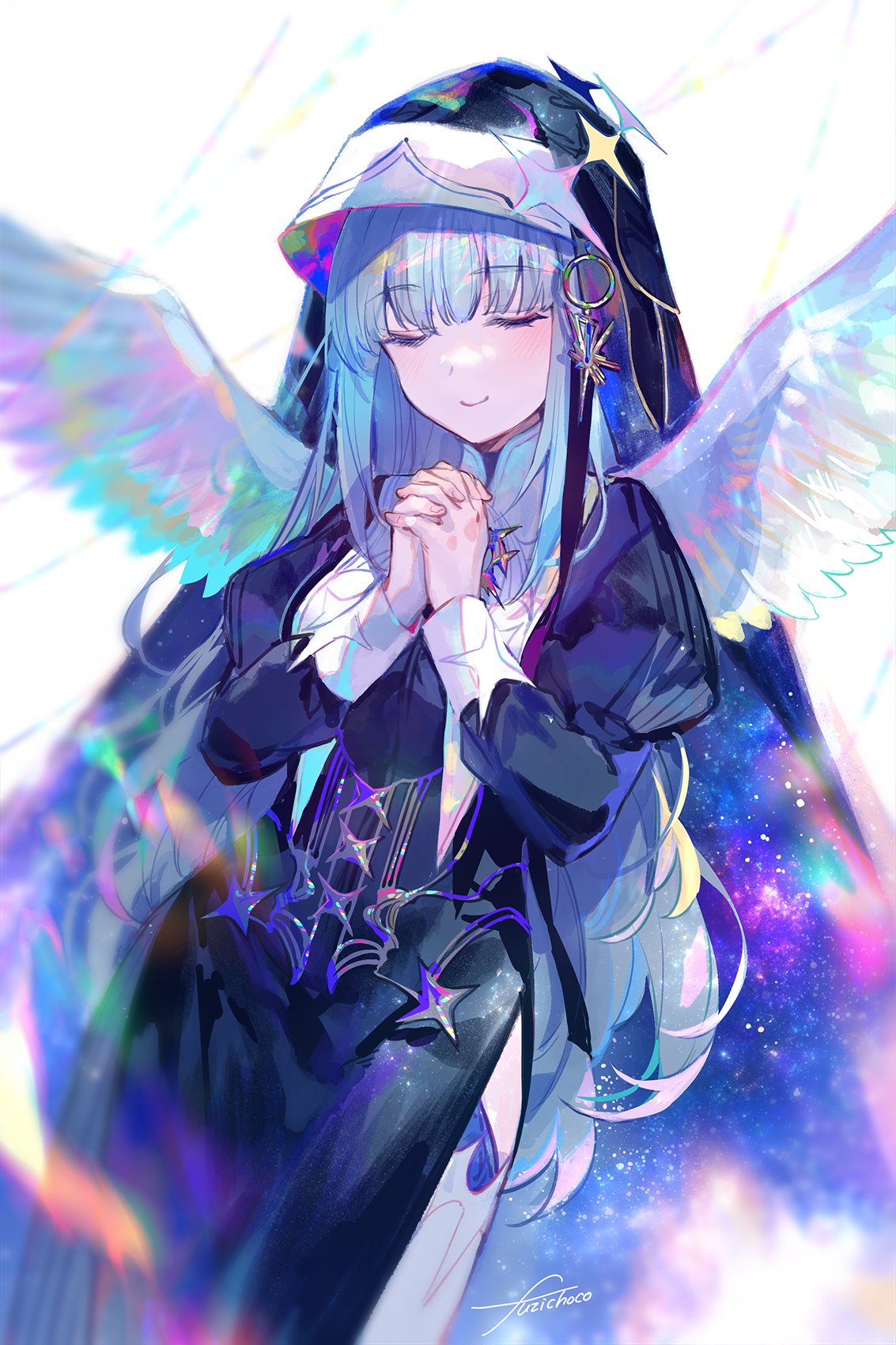 1girl angel_wings black_shirt blurry closed_eyes closed_mouth cowboy_shot depth_of_field diamond_(shape) facing_viewer fuzichoco grey_hair habit highres iridescent juliet_sleeves light_particles long_hair long_sleeves multicolored_wings nun o-ring original own_hands_together praying puffy_sleeves shirt signature smile solo thigh-highs white_background wings