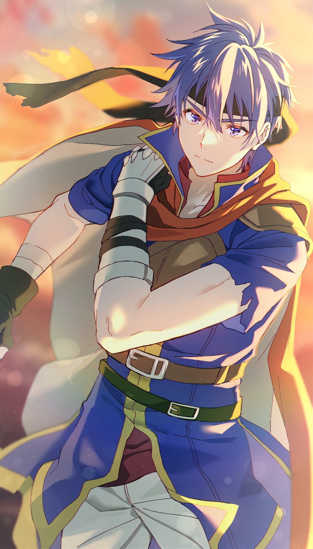 1boy bandaged_arm bandages belt black_gloves black_headband blue_eyes blue_hair blurry blurry_background cape closed_mouth clouds day fire_emblem fire_emblem:_path_of_radiance gauntlets gloves hair_between_eyes headband highres ike_(fire_emblem) looking_at_viewer male_focus outdoors pants sephikowa sky solo torn_clothes