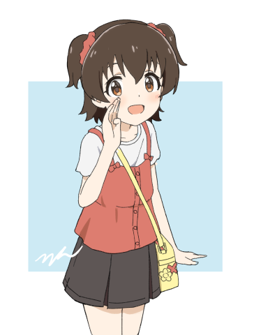 1girl :d aayh akagi_miria bag black_hair black_skirt blue_background brown_eyes camisole commentary_request cowboy_shot hair_between_eyes hair_ornament hair_scrunchie hand_up idolmaster idolmaster_cinderella_girls idolmaster_cinderella_girls_u149 looking_at_viewer lowres red_camisole red_scrunchie scrunchie shirt short_sleeves shoulder_bag simple_background skirt smile solo standing two-tone_background two_side_up white_background white_shirt