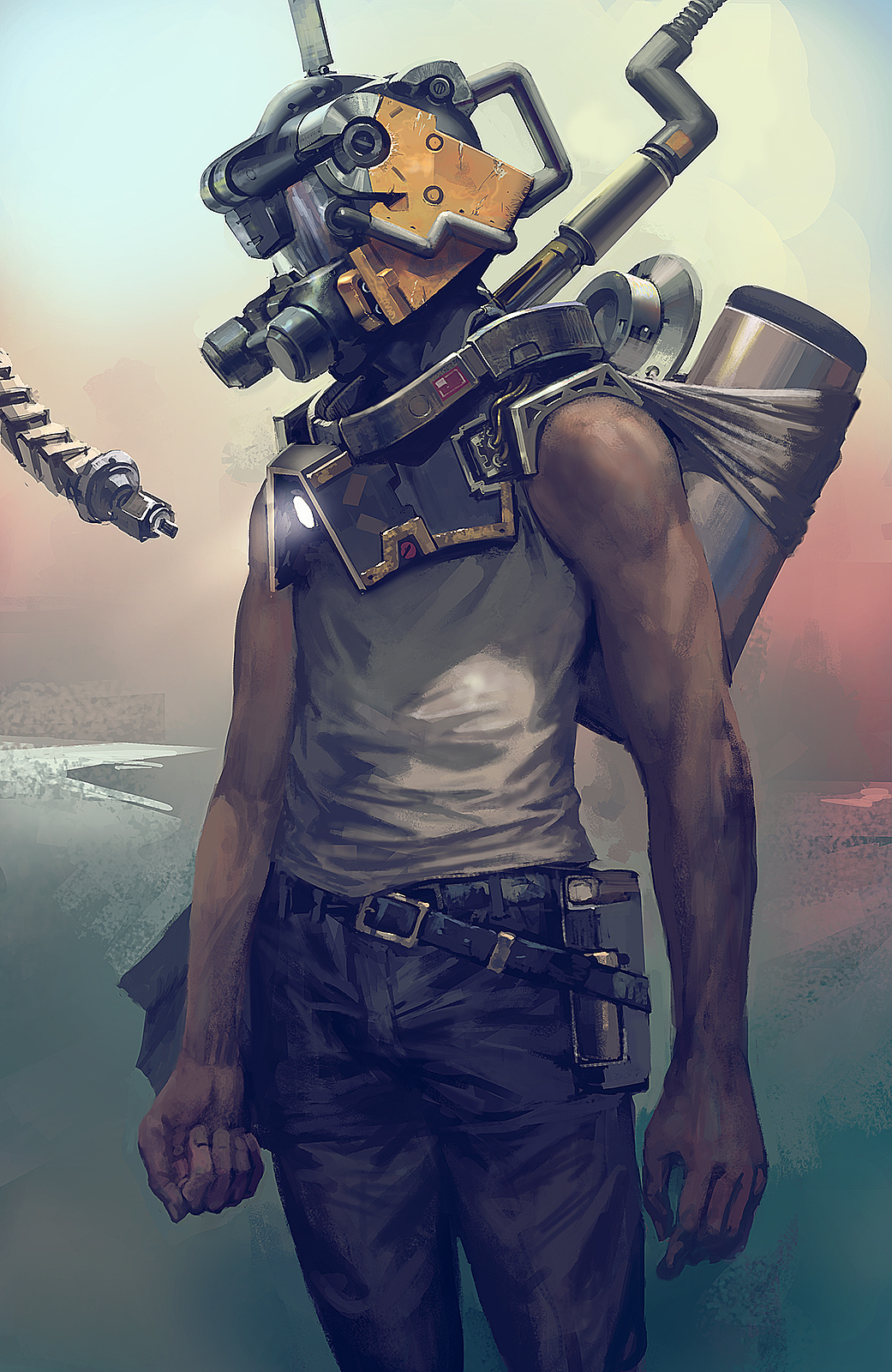 1boy belt black_pants clenched_hand helmet highres male_focus military military_vehicle motor_vehicle noba original pants science_fiction shirt solo standing tank tank_top white_shirt
