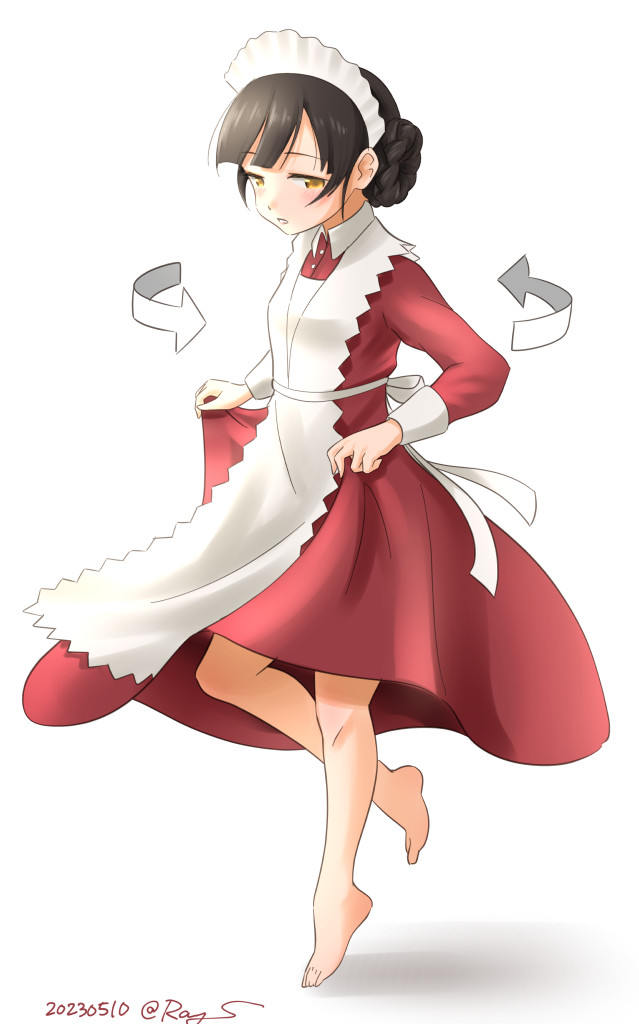 1girl alternate_costume apron arrow_(symbol) barefoot black_hair blunt_bangs braid brown_eyes commentary_request double_bun dress enmaided frilled_apron frills full_body hair_bun kantai_collection long_hair maid maid_headdress one-hour_drawing_challenge ray.s red_dress simple_background solo spinning standing standing_on_one_leg tiptoes twin_braids white_apron white_background yawata_maru_(kancolle)