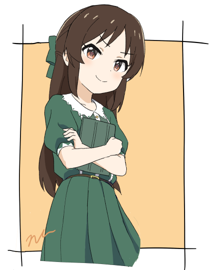 1girl aayh bow brown_background brown_eyes brown_hair closed_mouth collared_dress commentary_request dress green_bow green_dress hair_bow idolmaster idolmaster_cinderella_girls idolmaster_cinderella_girls_u149 long_hair looking_at_viewer object_hug parted_bangs pleated_dress puffy_short_sleeves puffy_sleeves short_sleeves signature smile solo tablet_pc tachibana_arisu two-tone_background v-shaped_eyebrows very_long_hair white_background