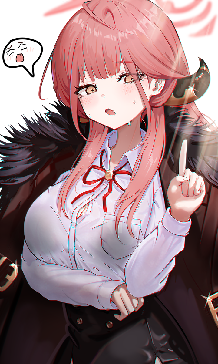 1girl aru_(blue_archive) blue_archive blunt_bangs bow bowtie breast_pocket brown_coat coat coat_on_shoulders collared_shirt commentary_request demon_girl demon_horns eyes_visible_through_hair fur-trimmed_coat fur_trim halo highres horns long_hair long_sleeves looking_at_viewer moth1 open_clothes open_coat parted_lips pocket pointing pointing_up red_bow red_bowtie redhead school_uniform shirt sidelocks simple_background solo spoken_expression white_background white_shirt yellow_eyes
