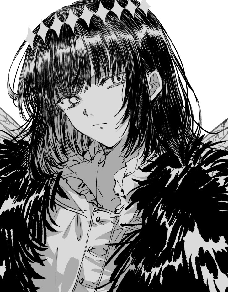 1boy arthropod_boy cape collared_shirt crown diamond_hairband expressionless fate/grand_order fate_(series) fur-trimmed_cape fur_trim grey_hair insect_wings looking_at_viewer male_focus medium_hair monochrome oberon_(fate) oberon_(third_ascension)_(fate) shirt simple_background solo sunanogimo upper_body white_background white_shirt wings