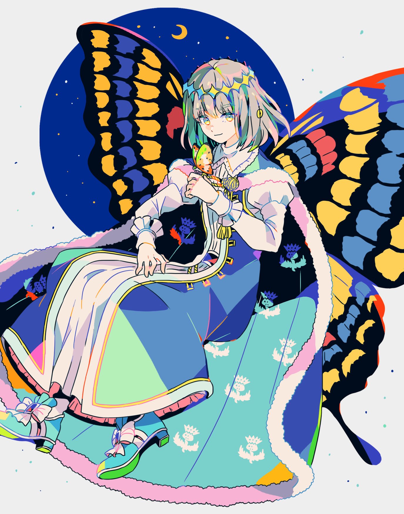 1boy arthropod_boy blue_dress blue_eyes blue_footwear bug butterfly cape crown diamond_hairband dress fate/grand_order fate_(series) full_body fur-trimmed_cape fur_trim highres insect_on_finger insect_wings long_sleeves looking_at_viewer male_focus medium_hair mizuki_tsukimori oberon_(fate) simple_background solo white_background white_hair wings