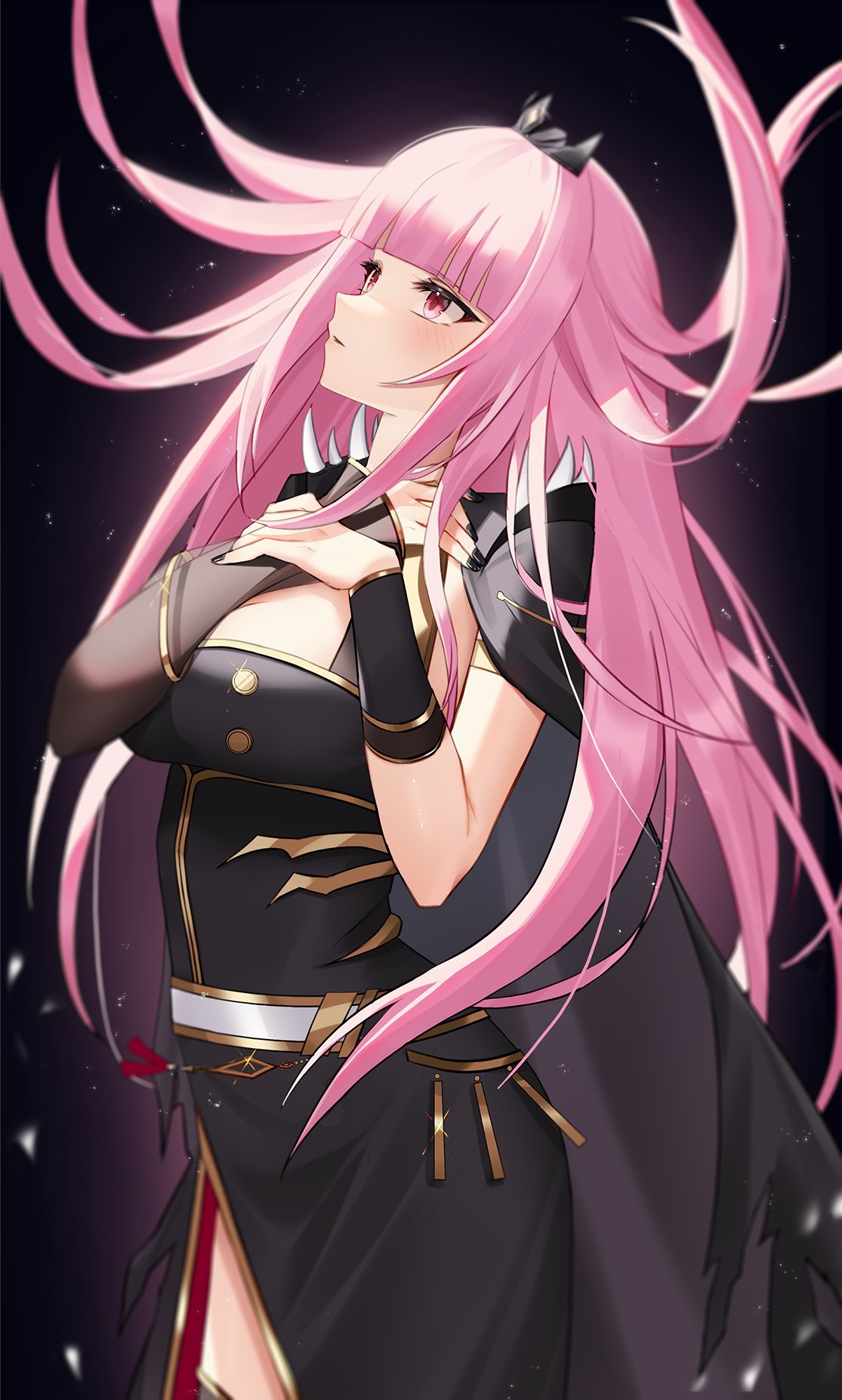 1girl armlet black_background black_cape black_dress black_nails black_tiara blunt_bangs blurry bracer breasts cape detached_sleeves dress fingernails glint hands_on_own_chest highres hololive hololive_english large_breasts long_dress long_hair looking_up mori_calliope nail_polish pink_eyes pink_hair see-through see-through_sleeves shoulder_spikes side_slit single_detached_sleeve solo spikes thomas_8000 tiara torn_cape torn_clothes virtual_youtuber