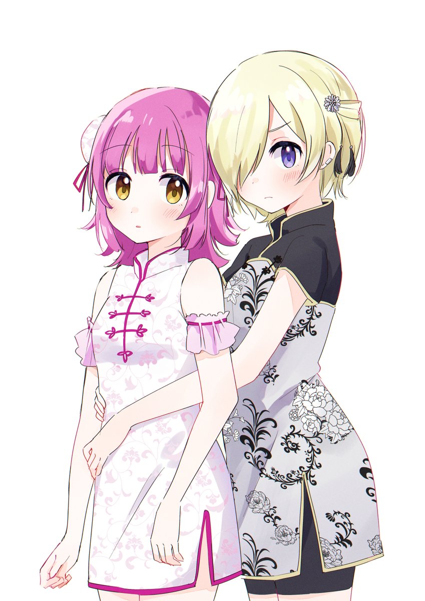 2girls black_shorts blonde_hair blush breasts china_dress chinese_clothes commentary cowboy_shot dot_nose dress floral_print flower from_behind grey_dress hair_bun hair_flower hair_ornament hair_over_one_eye highres hug looking_at_viewer love_live! love_live!_nijigasaki_high_school_idol_club mia_taylor multiple_girls parted_lips pink_dress pink_hair print_dress serious short_hair short_sleeves shorts sidelocks single_side_bun sleeveless sleeveless_dress small_breasts tennouji_rina thighs violet_eyes watanabe_nako white_background yellow_eyes