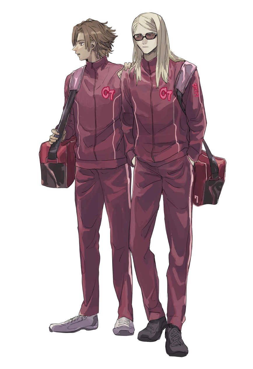 2boys alternate_costume bag blonde_hair daybit_sem_void duffel_bag fate/grand_order fate_(series) full_body hand_on_another's_shoulder hands_in_pockets highres jacket long_hair long_sleeves looking_to_the_side male_focus multiple_boys pants profile red-tinted_eyewear riku_gotaro shoes short_hair shoulder_bag simple_background sneakers sunglasses tezcatlipoca_(fate) tinted_eyewear track_jacket track_pants white_background