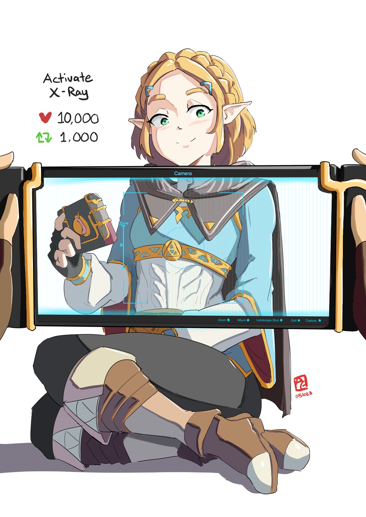 1boy 1girl automatic_giraffe blonde_hair blush boots braid cape english_commentary fingerless_gloves gloves green_eyes handheld_game_console highres holding holding_handheld_game_console like_and_retweet link long_sleeves looking_at_viewer medium_hair nintendo_switch pointy_ears pov princess_zelda sheikah_slate simple_background smile the_legend_of_zelda the_legend_of_zelda:_breath_of_the_wild the_legend_of_zelda:_tears_of_the_kingdom white_background