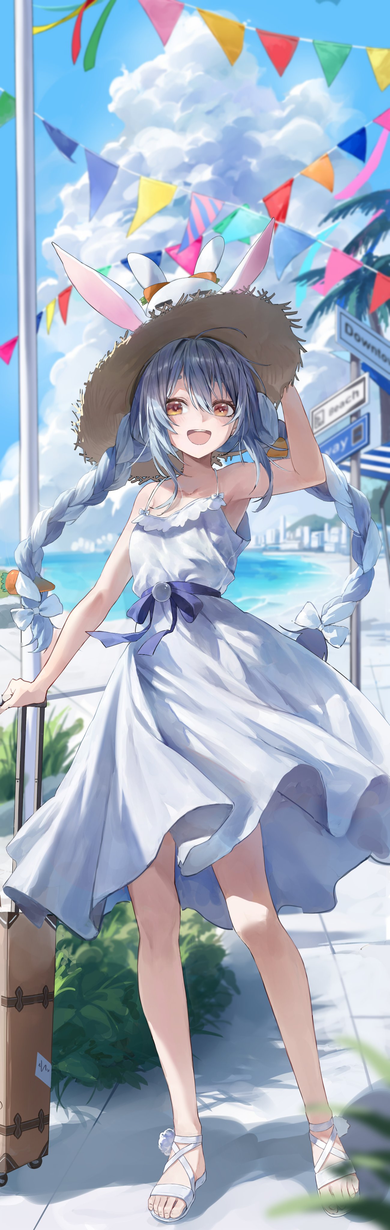 1girl absurdres animal_ears beach blue_hair blue_sky bow braid breasts brown_eyes bush city clouds collarbone cumulonimbus_cloud day dress ears_through_headwear flag flip-flops fudepenbrushpen full_body hair_bow hand_on_headwear hat highres hololive light_blue_hair looking_at_viewer ocean open_mouth outdoors palm_tree rabbit rabbit_ears rolling_suitcase sandals sign sky small_breasts smile solo standing straw_hat string_of_flags suitcase summer sun_hat sundress teeth toeless_footwear tree twin_braids twintails upper_teeth_only usada_pekora water white_dress