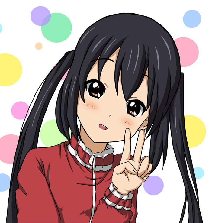 1girl black_hair blush head_tilt jacket k-on! long_hair looking_at_viewer maabe nakano_azusa open_mouth solo track_jacket track_suit twintails v