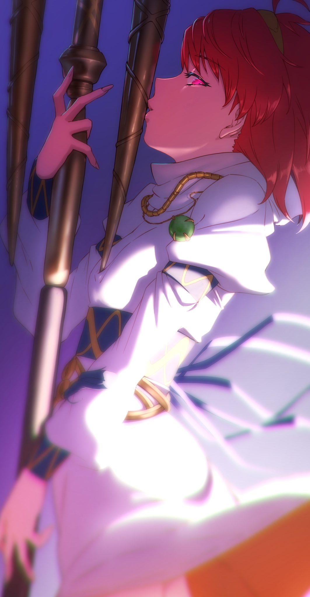 1girl aduti_momoyama ahoge bloom blurry depth_of_field dress fire_emblem fire_emblem:_mystery_of_the_emblem fire_emblem_heroes highres jewelry long_sleeves looking_at_viewer maria_(fire_emblem) necklace parted_lips purple_background red_eyes redhead short_hair sidelighting simple_background solo tassel white_dress