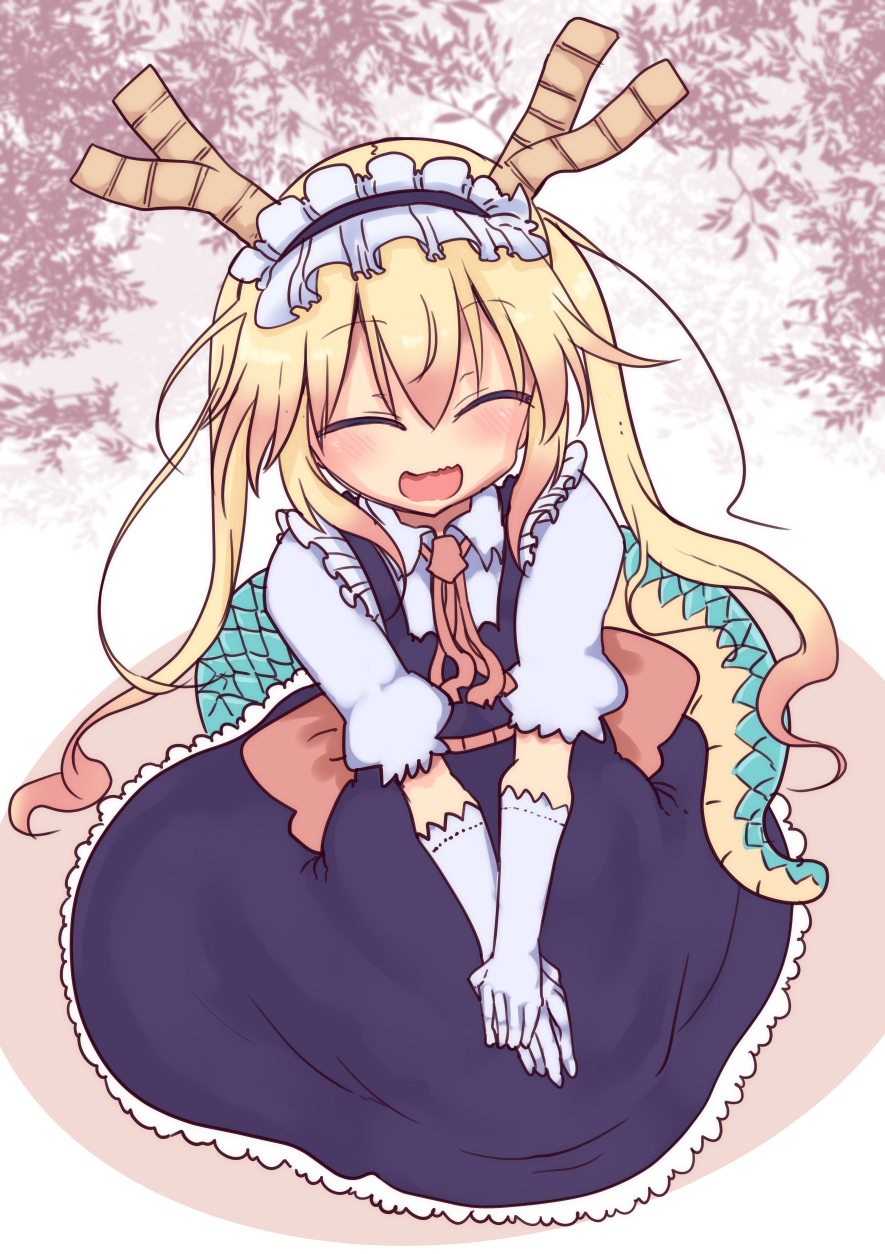 blonde_hair blue_dress blush closed_mouth collared_shirt commentary_request cool-kyou_shinja dragon_girl dragon_horns dragon_tail dress elbow_gloves gloves gradient_hair highres horns kobayashi-san_chi_no_maidragon long_sleeves maid maid_headdress multicolored_hair necktie open_mouth puffy_long_sleeves puffy_sleeves red_necktie redhead shirt smile tail tohru_(maidragon) twintails white_gloves white_shirt