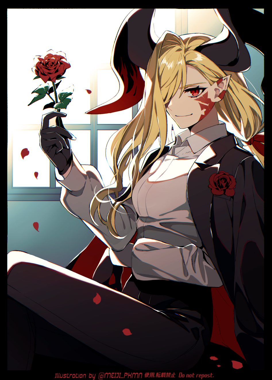 1girl black_gloves black_horns black_pants blonde_hair clothes_on_shoulders dragon_horns facial_mark fate/grand_order fate_(series) flower gloves hair_over_one_eye highres holding holding_flower horns indoors long_hair long_sleeves looking_at_viewer meiji_ken nero_claudius_(fate) pants pointy_ears queen_draco_(fate) queen_draco_(third_ascension)_(fate) red_eyes red_flower red_rose rose shirt smile solo wavy_hair white_shirt