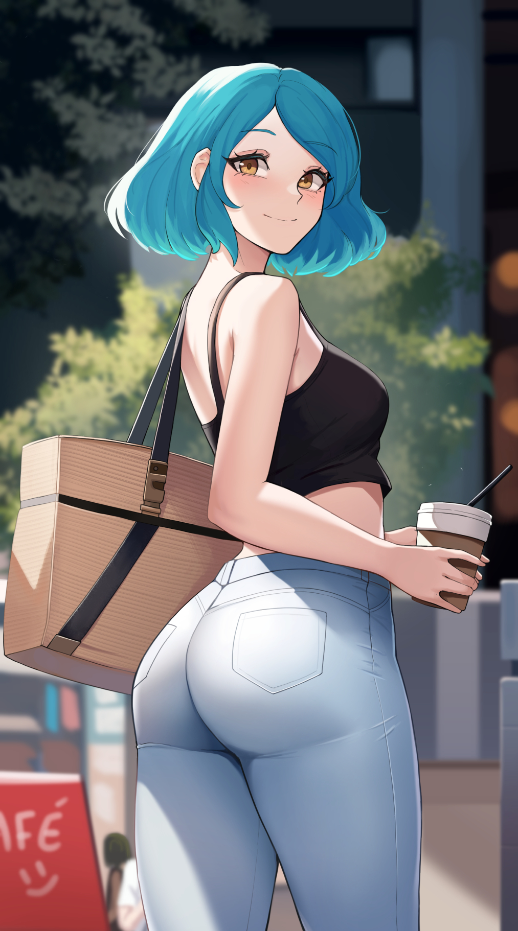 1girl ass bag bare_shoulders black_tank_top blue_hair cawfield coffee_cup cup disposable_cup drinking_straw from_behind handbag highres looking_back original outdoors shopping short_hair smile solo tank_top yellow_eyes