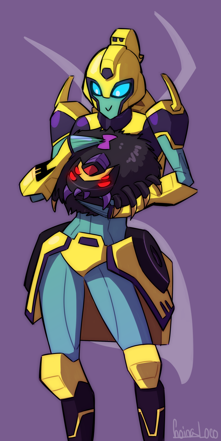 1girl armor autobot blue_eyes bug colored_skin elita_one fluffy green_skin highres humanoid_robot panties robot spider transformers transformers_animated underwear volverseloco yellow_panties