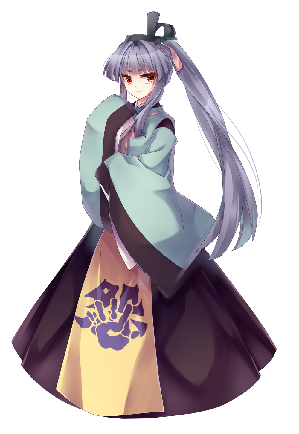 1girl akinomiya_asuka alternate_color black_headwear black_kimono blunt_bangs closed_mouth commentary_request detached_sleeves full_body hat highres japanese_clothes kariginu kimono long_hair mystical_power_plant original ponytail purple_hair red_eyes simple_background sleeves_past_fingers sleeves_past_wrists smile solo suitokuin_tenmu tate_eboshi touhou transparent_background