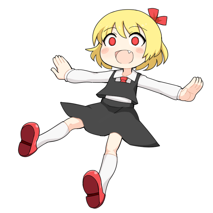 1girl black_skirt black_vest blonde_hair blush collared_shirt commentary cookie_(touhou) fang flat_chest full_body hair_ribbon hospital_king long_sleeves looking_at_viewer medium_bangs nadeko_(cookie) necktie open_mouth outstretched_arms red_eyes red_footwear red_necktie red_ribbon ribbon rumia shirt short_hair simple_background skirt skirt_set smile socks solo spread_arms touhou transparent_background vest white_shirt white_socks
