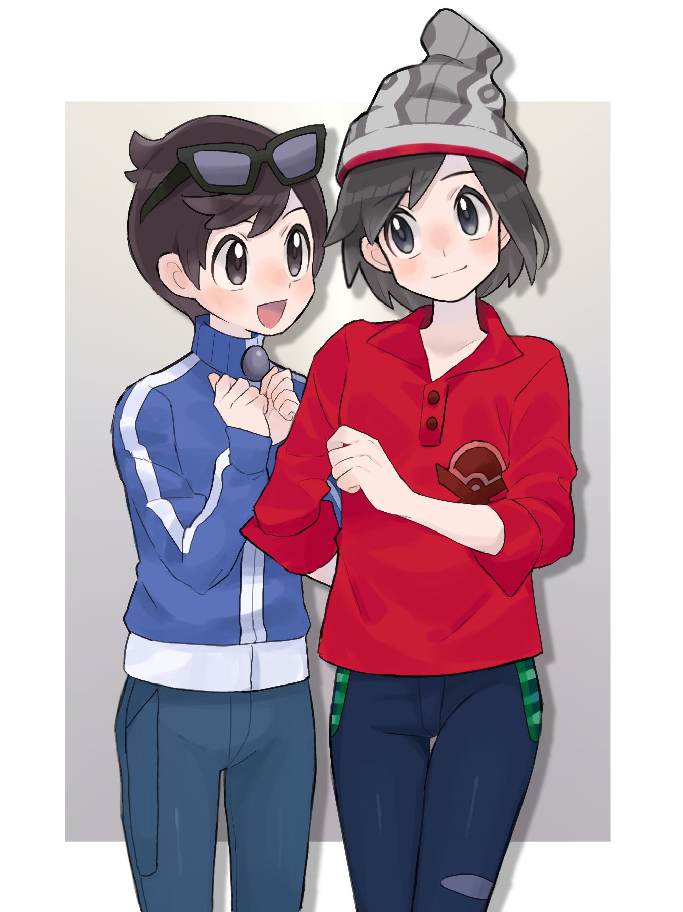 2boys beanie black-framed_eyewear blue_jacket border brown_hair buttons calem_(pokemon) calem_(pokemon)_(cosplay) closed_mouth collared_shirt commentary_request cosplay costume_switch grey_background grey_eyes grey_headwear hat highres jacket long_sleeves male_focus multiple_boys pants plaid pokemon pokemon_(game) pokemon_swsh pokemon_xy red_shirt sana_(37pisana) shirt short_hair sleeves_rolled_up smile sunglasses turtleneck turtleneck_jacket victor_(pokemon) victor_(pokemon)_(cosplay) white_border zipper_pull_tab
