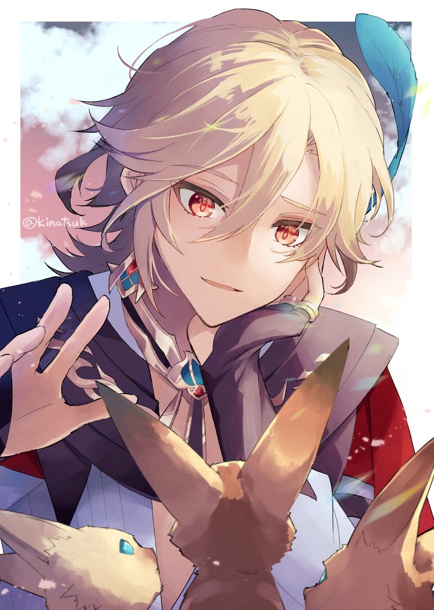 blonde_hair blue_feathers cape earrings feather_hair_ornament feathers fennec_fox gem genshin_impact gold_earrings gold_necklace gold_trim green_gemstone hair_between_eyes hair_ornament highres holding holding_quill jewelry kaveh_(genshin_impact) long_sleeves male_focus necklace parted_lips quill rare_(user_vxhu8375) red_cape red_eyes shirt shoulder_cape single_earring smile solo twitter_username upper_body white_shirt