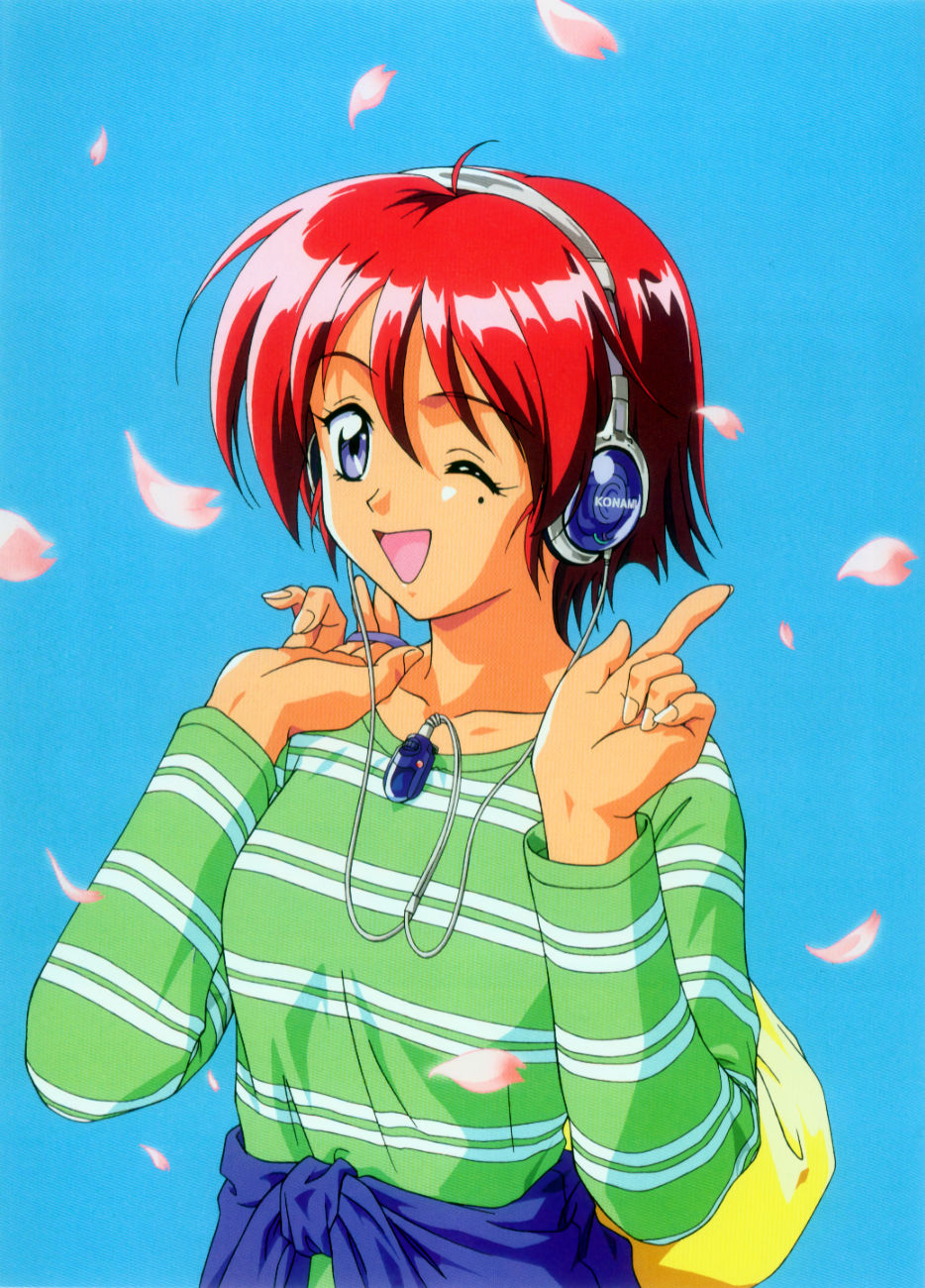 1990s_(style) blue_eyes blurry blurry_background carrying_over_shoulder green_skirt headphones highres hinomoto_hikari holding holding_sack kokura_masashi long_sleeves non-web_source official_art one_eye_closed open_mouth petals redhead retro_artstyle sack shirt short_hair simple_background skirt striped striped_shirt tied_shirt tokimeki_memorial tokimeki_memorial_2