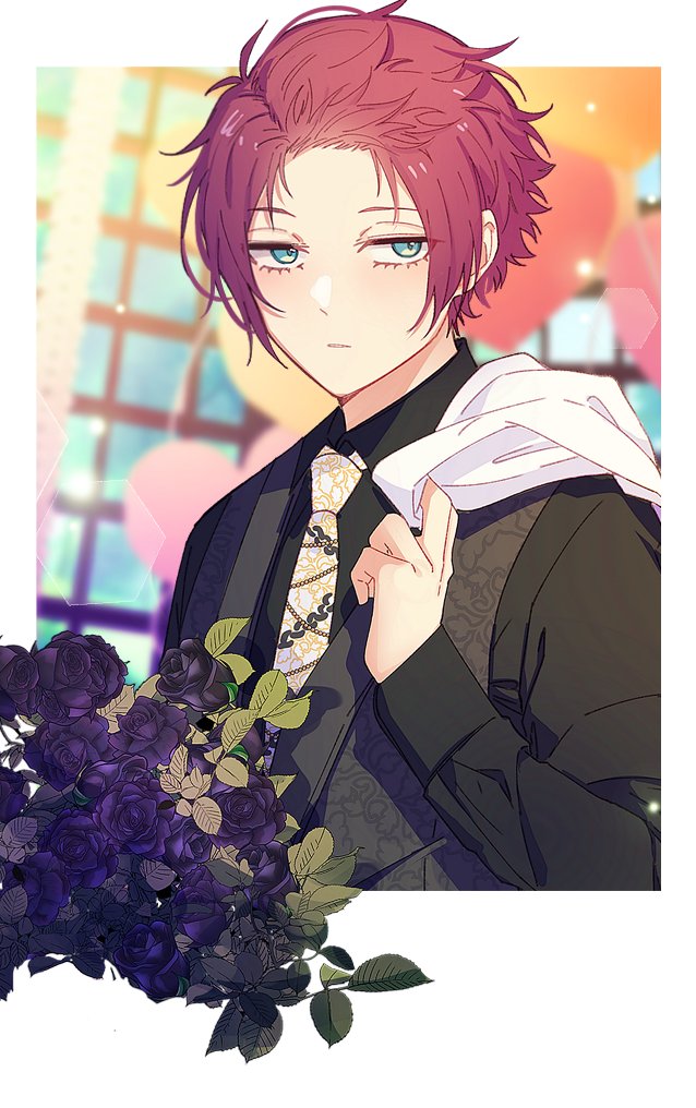 1boy balloon black_shirt black_vest blue_eyes blue_lock collared_shirt flower formal hand_up holding holding_clothes holding_jacket itoshi_sae jacket jitome long_sleeves looking_at_viewer male_focus necktie nokcha26 over_shoulder purple_flower redhead shirt short_hair sleeves_past_wrists solo upper_body vest white_necktie