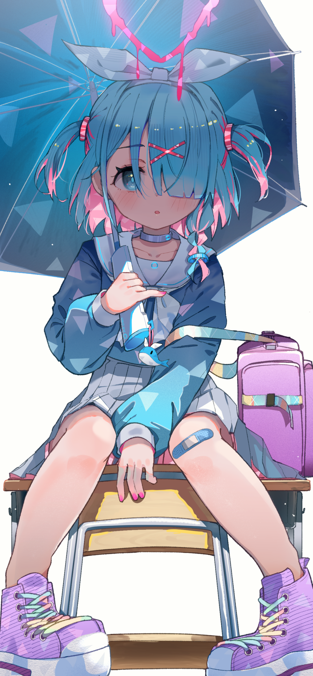 1girl :o arona_(blue_archive) bag bandaid bandaid_on_knee bandaid_on_leg blue_archive blue_eyes blue_hair blue_shirt blue_umbrella blush bow chair choker collarbone commentary_request desk hair_ornament hair_over_one_eye halo highres holding holding_umbrella long_sleeves looking_at_viewer melting multicolored_hair nishi_yasuaki on_desk parted_lips pink_hair pleated_skirt puffy_long_sleeves puffy_sleeves purple_footwear sailor_collar school_chair school_desk school_uniform serafuku shirt shoes simple_background sitting skirt solo twintails two-tone_hair two_side_up umbrella white_background white_bow white_choker white_sailor_collar white_skirt x_hair_ornament