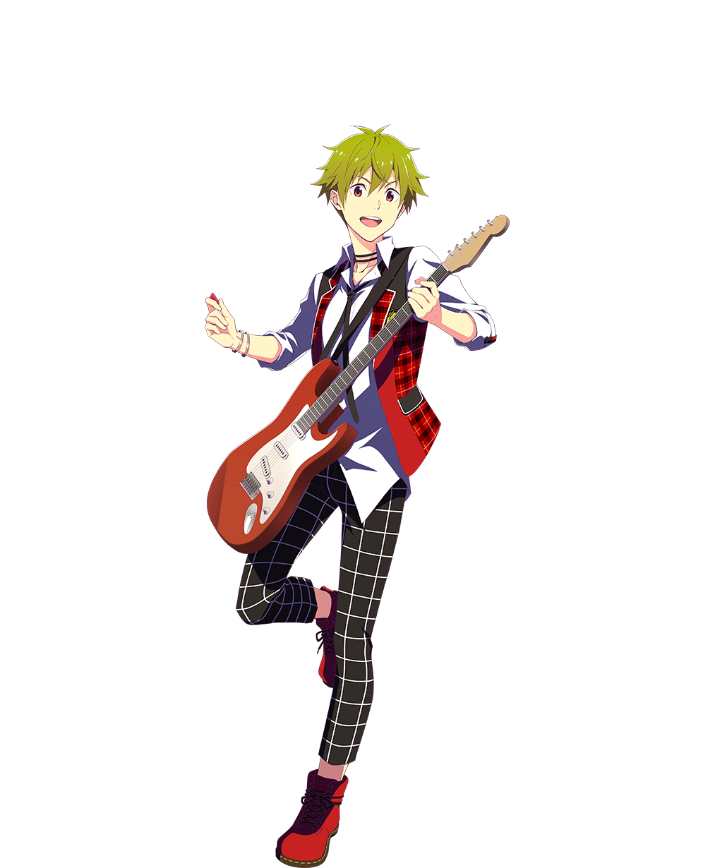 1boy akiyama_hayato bracelet collared_shirt electric_guitar full_body green_hair guitar hair_between_eyes highres holding holding_instrument idolmaster idolmaster_side-m instrument jewelry looking_at_viewer male_focus official_art open_mouth red_footwear shirt shoes smile teeth transparent_background upper_teeth_only