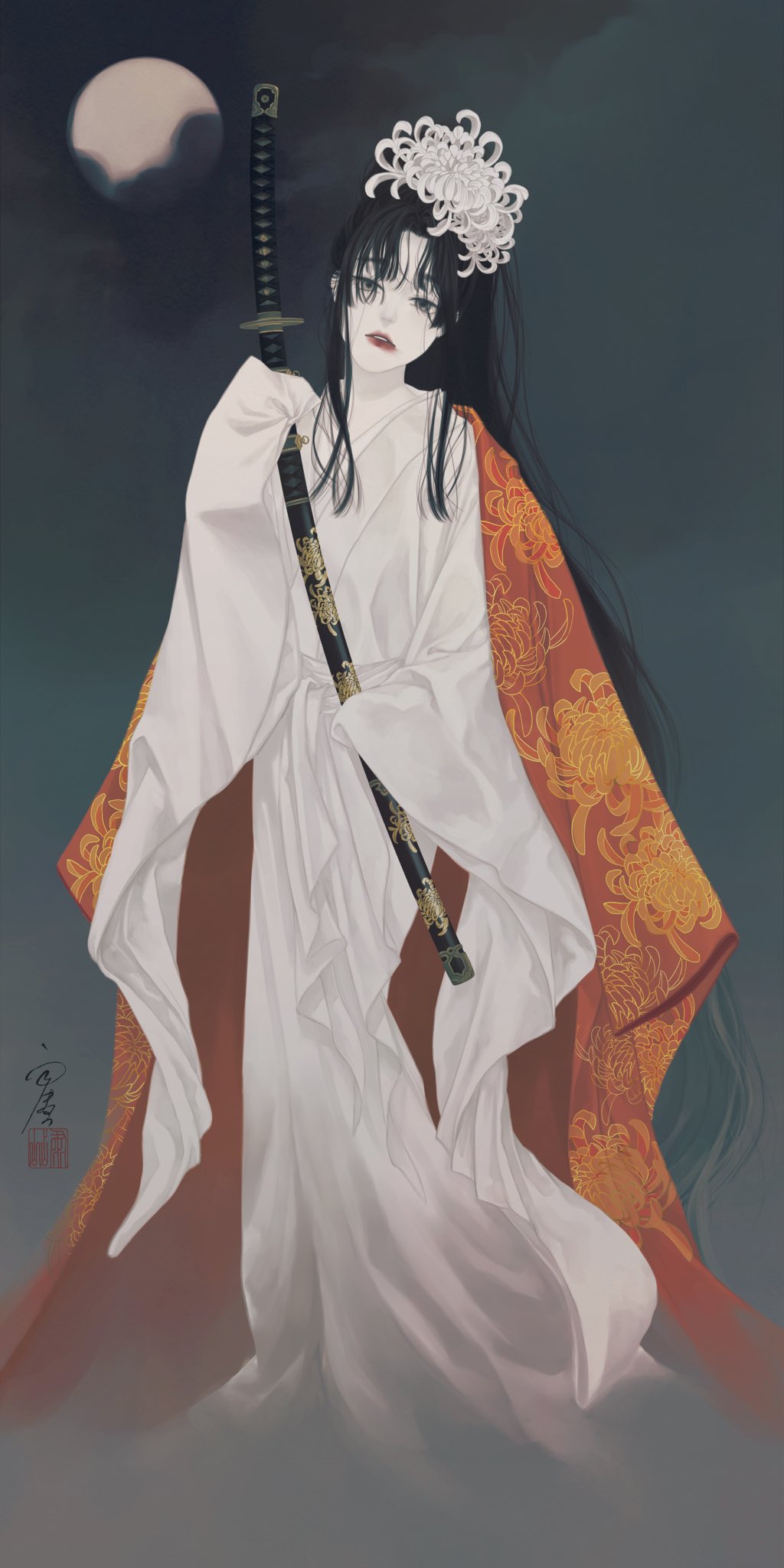 1girl black_hair cloak commentary_request floral_print flower fog full_body full_moon grey_background grey_eyes hair_flower hair_ornament hair_over_eyes head_tilt highres holding holding_sword holding_weapon japanese_clothes katana kimono long_hair long_sleeves looking_at_viewer moon orange_cloak original parted_lips print_cloak red_cloak seal_impression sheath sheathed sidelocks signature sleeves_past_fingers sleeves_past_wrists solo standing sword ushiyama_ame very_long_hair weapon white_flower white_kimono wide_sleeves