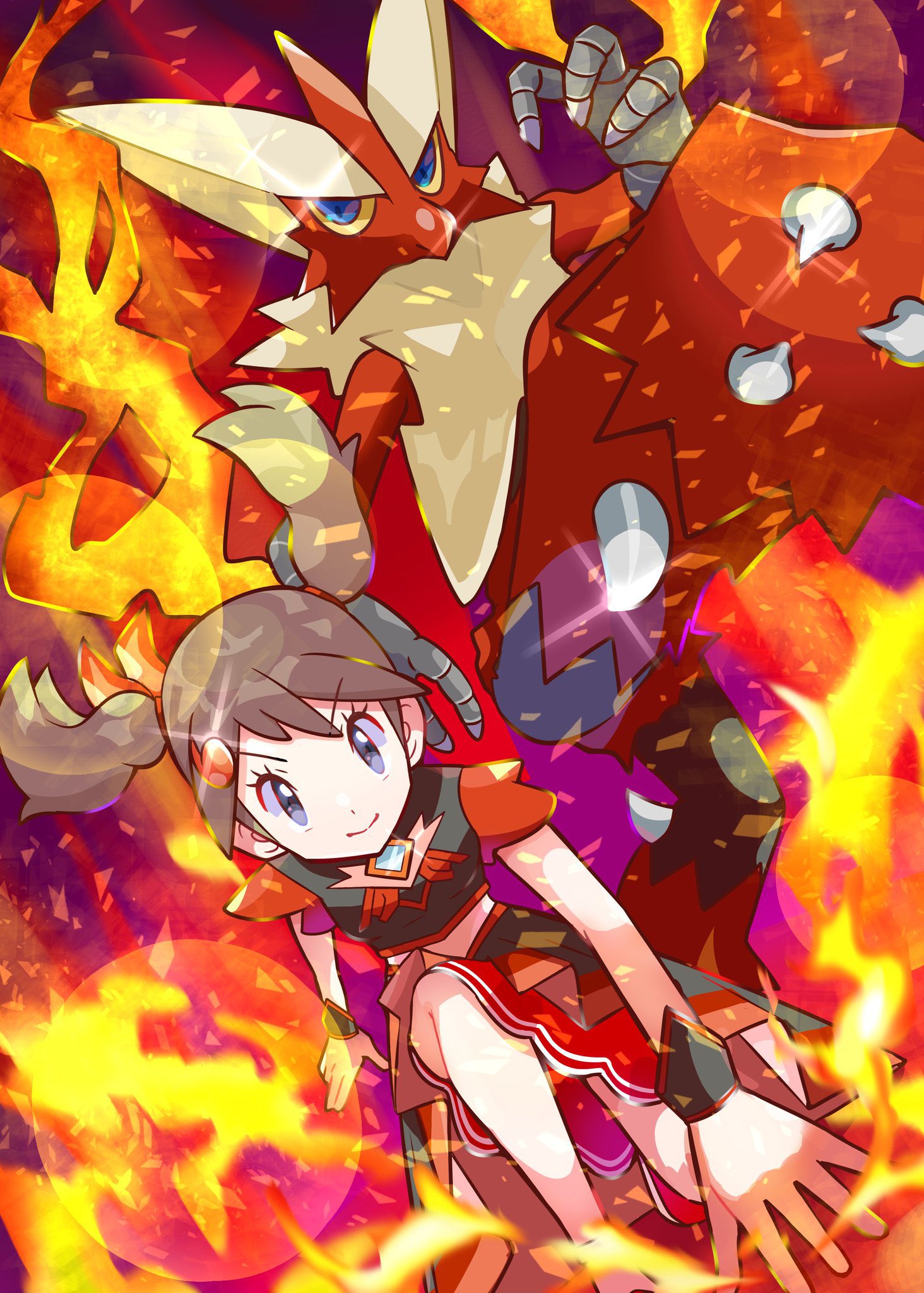 1girl alternate_costume black_wristband blaziken brown_hair closed_mouth fire grey_eyes hair_ornament highres looking_at_viewer may_(pokemon) may_(sygna_suit)_(pokemon) mega_blaziken mega_pokemon monaka_mom official_alternate_costume official_alternate_hairstyle pokemon pokemon_(creature) pokemon_(game) pokemon_masters_ex smile twintails wristband