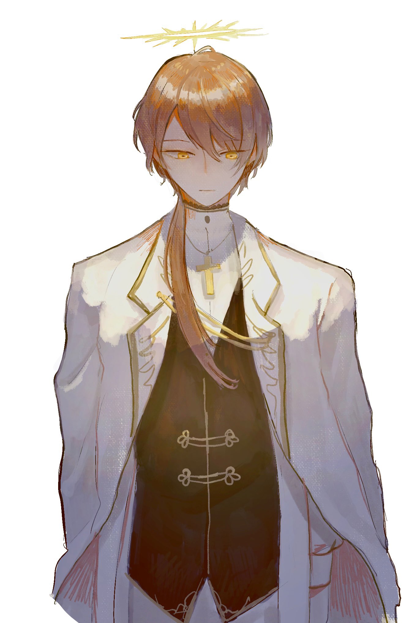 1boy 31tamagokake580 :| black_vest brown_hair closed_mouth cross cross_necklace facing_viewer hair_between_eyes hair_over_shoulder halo highres jacket jacket_on_shoulders jewelry kagami_hayato lapels long_hair looking_away low_ponytail male_focus necklace nijisanji notched_lapels official_alternate_costume shirt sideways_glance simple_background solo swept_bangs upper_body vest virtual_youtuber white_background white_jacket white_shirt yellow_eyes