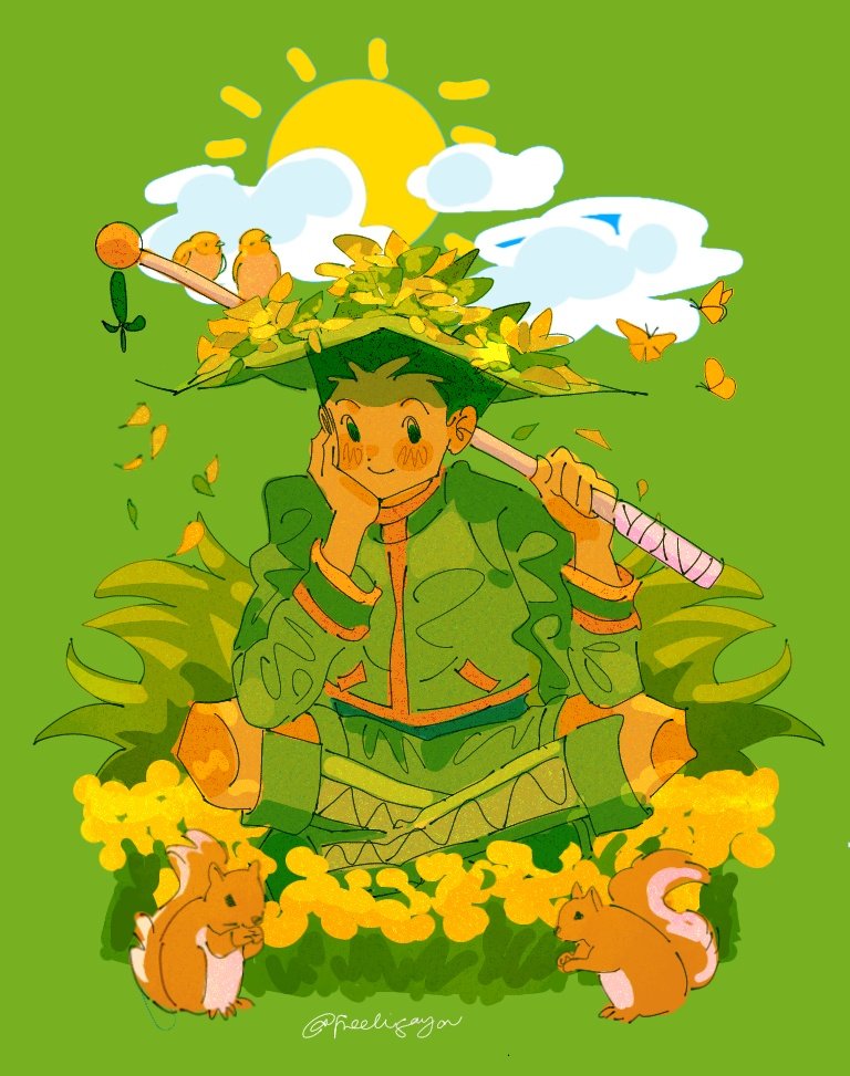 1boy animal bird clouds fishing_rod freeligaya full_body gon_freecss green_background green_eyes green_footwear green_hair green_jacket green_shorts hand_on_own_face holding holding_fishing_rod hunter_x_hunter indian_style jacket leaf_hat long_sleeves looking_at_viewer male_child male_focus short_hair shorts signature simple_background sitting smile solo spiky_hair squirrel sun