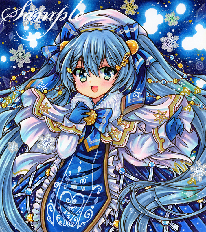 1girl :d blue_background blue_bow blue_bowtie blue_dress blue_eyes blue_gloves blue_hair blue_ribbon bow bowtie brooch capelet christmas_lights cowboy_shot dress embellished_costume frilled_tabard frills gloves gold_trim hair_between_eyes hair_ornament hair_ribbon hands_up hatsune_miku index_finger_raised jewelry light_blue_hair long_bangs long_hair long_sleeves looking_at_viewer marker_(medium) musical_note musical_note_hair_ornament open_mouth print_tabard ribbon rui_(sugar3) sample_watermark smile snowflakes solo standing tabard traditional_media treble_clef twintails very_long_hair vocaloid white_capelet white_dress white_headwear yuki_miku yuki_miku_(2021)