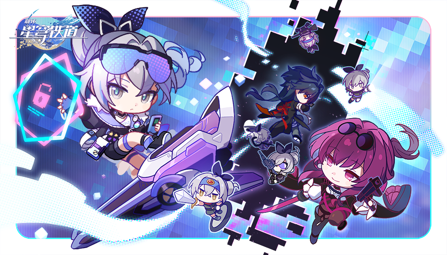 1boy 2girls blade_(honkai:_star_rail) breasts chibi chinese_clothes chinese_commentary closed_mouth eyewear_on_head fingerless_gloves gloves grey_hair gun hair_between_eyes high_ponytail holding holding_phone holding_sword holding_weapon honkai:_star_rail honkai_(series) jacket kafka_(honkai:_star_rail) logo long_hair long_sleeves looking_at_viewer machine_pistol multicolored_hair multiple_girls no_mouth official_art open_clothes open_hand open_jacket phone purple_hair round_eyewear silver_wolf_(honkai:_star_rail) small_breasts smile streaked_hair surfing sword thigh_strap violet_eyes weapon