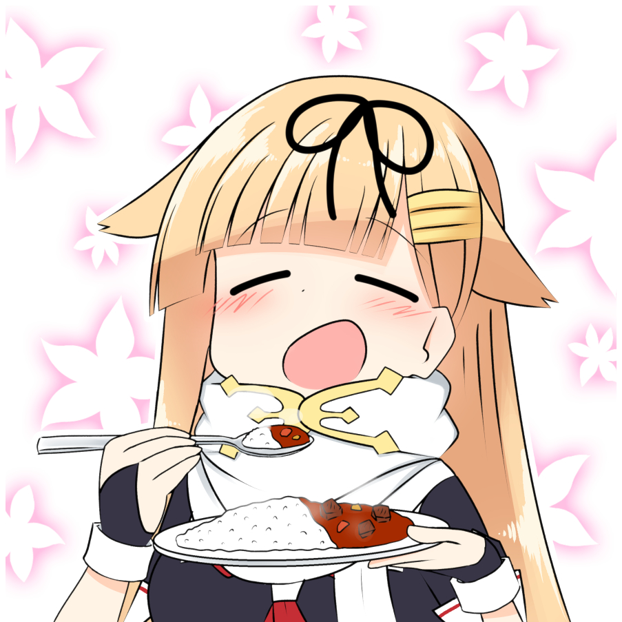 1girl black_gloves black_ribbon black_serafuku blonde_hair blush closed_eyes commentary curry curry_rice eating fingerless_gloves floral_background food gloves hair_flaps hair_ornament hair_ribbon hairclip happy holding holding_plate holding_spoon kantai_collection long_hair neckerchief open_mouth plate red_neckerchief ribbon rice scarf school_uniform serafuku sira smile solo spoon steam upper_body white_scarf yuudachi_(kancolle) yuudachi_kai_ni_(kancolle)
