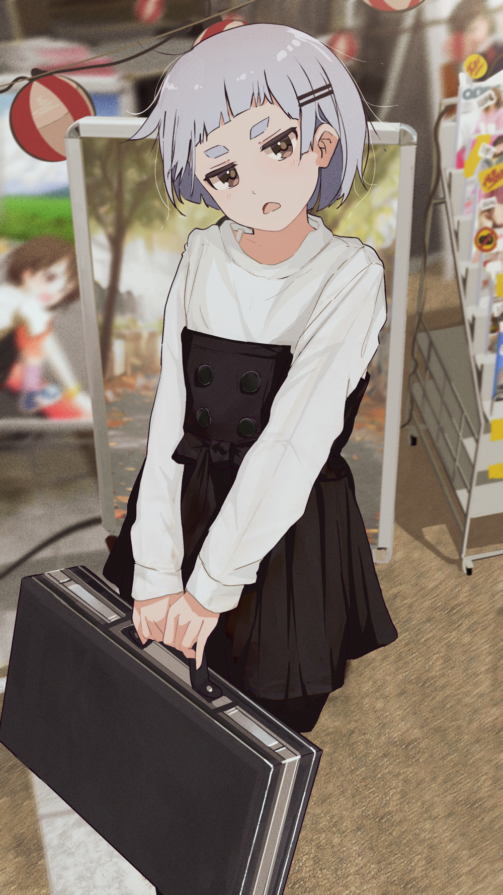 1girl :&lt; black_skirt blunt_bangs blurry blurry_background bob_cut briefcase brown_eyes buttons casual depth_of_field double-breasted grey_hair hair_ornament hair_strand hairclip head_tilt highres holding holding_briefcase jitome katya_(servachok) lantern light_blush long_sleeves looking_at_viewer magazine_rack messy_hair open_mouth original outdoors own_hands_together paper_lantern pleated_skirt russian_commentary servachok shirt short_eyebrows short_hair sign skirt solo standing string_of_light_bulbs thick_eyebrows v_arms very_short_hair white_shirt