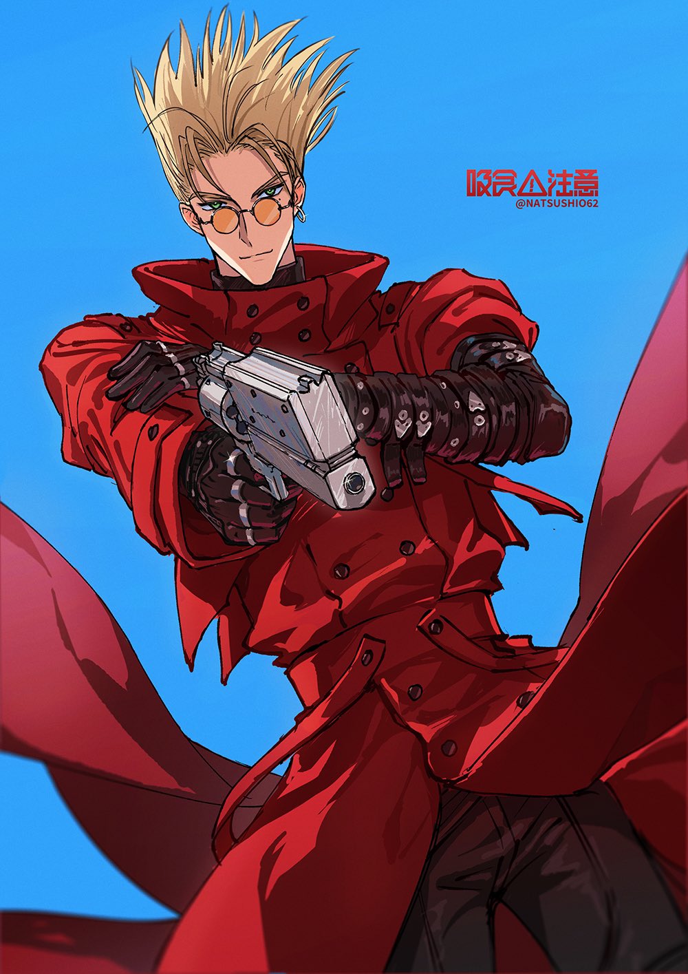 1boy aiming arm_belt belt black_pants blonde_hair blue_background closed_mouth coat cowboy_shot earrings glasses green_eyes gun highres holding holding_gun holding_weapon jewelry long_sleeves looking_at_viewer male_focus mole mole_under_eye natsushio_(x2i2a) pants red_coat revolver ring round_eyewear short_hair single_earring smile solo spiky_hair standing trigun twitter_username vash_the_stampede weapon