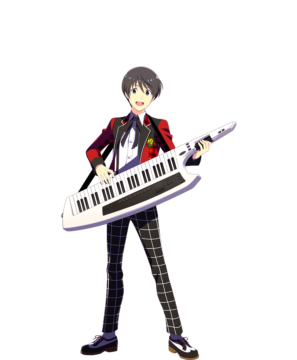 1boy black_eyes black_hair collared_shirt full_body fuyumi_jun highres holding holding_instrument idolmaster idolmaster_side-m idolmaster_side-m_growing_stars instrument keytar looking_at_viewer male_focus official_art open_mouth pants shirt shoelaces shoes socks teeth transparent_background upper_teeth_only white_socks