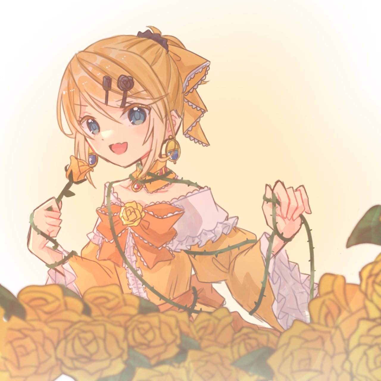 1girl aku_no_musume_(vocaloid) aquamarinu bare_shoulders blonde_hair blue_eyes bow brooch choker collarbone detached_collar dress dress_bow dress_flower earrings evillious_nendaiki fang flat_chest flower frilled_choker frilled_dress frilled_sleeves frills garden hair_bow hair_ornament hairclip high_ponytail highres holding holding_flower jewelry kagamine_rin off-shoulder_dress off_shoulder open_mouth orange_bow plant riliane_lucifen_d'autriche rose sidelocks skin_fang smile solo swept_bangs thorns updo vines wide_sleeves yellow_background yellow_bow yellow_choker yellow_dress yellow_flower yellow_rose