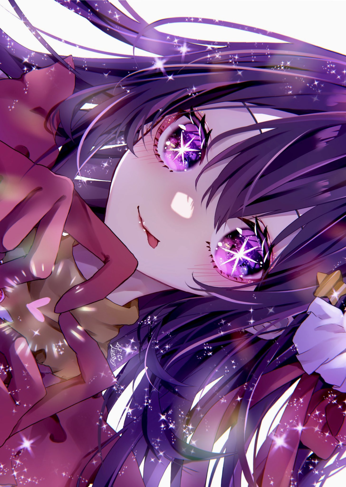 1girl blush brooch closed_mouth commentary_request dress frilled_dress frills gloves hair_between_eyes hair_ornament heart heart_brooch heart_hands highres hoshino_ai_(oshi_no_ko) idol jewelry long_hair luna_s210 oshi_no_ko pink_gloves pink_ribbon purple_hair rabbit_hair_ornament ribbon sidelocks sideways solo sparkle star-shaped_pupils star_(symbol) star_hair_ornament symbol-shaped_pupils tongue tongue_out turtleneck_dress violet_eyes