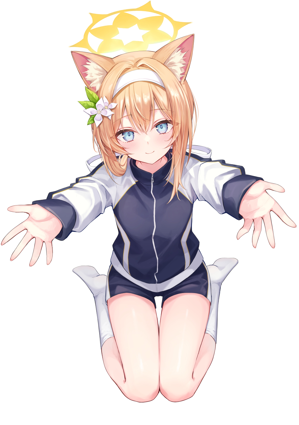 1girl animal_ear_fluff animal_ears black_jacket black_shorts blue_archive blue_eyes bow cat_ears cat_girl commentary_request flower from_above gym_shorts gym_uniform hair_between_eyes hair_bow hair_flower hair_ornament hair_ribbon hairband halo highres imminent_hug jacket kneehighs long_hair long_sleeves looking_at_viewer looking_up low_ponytail mari_(blue_archive) mari_(track)_(blue_archive) multicolored_clothes multicolored_jacket official_alternate_costume orange_hair rangtori reaching reaching_towards_viewer ribbon seiza shorts sidelocks simple_background sitting smile socks solo track_jacket two-tone_jacket white_socks zipper