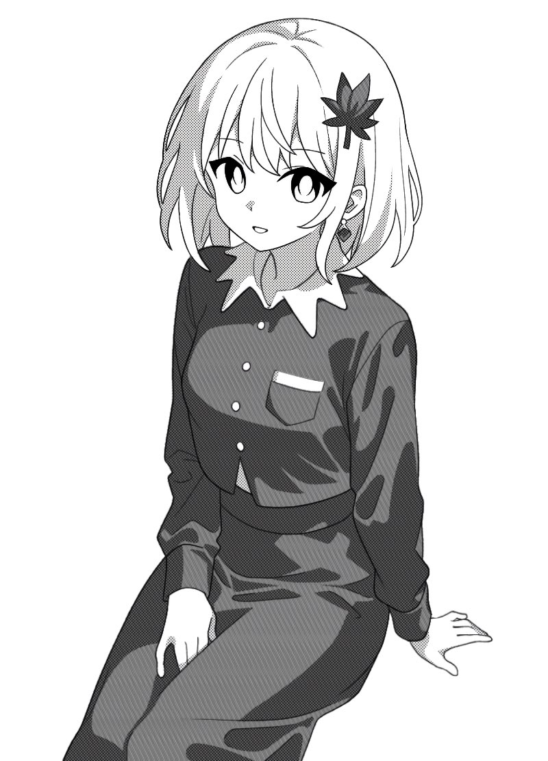 1girl aki_shizuha bright_pupils buttons commentary greyscale hair_ornament leaf leaf_hair_ornament long_sleeves looking_at_viewer maple_leaf monochrome onkn_sxkn parted_lips pocket shirt short_hair simple_background sitting skirt solo touhou