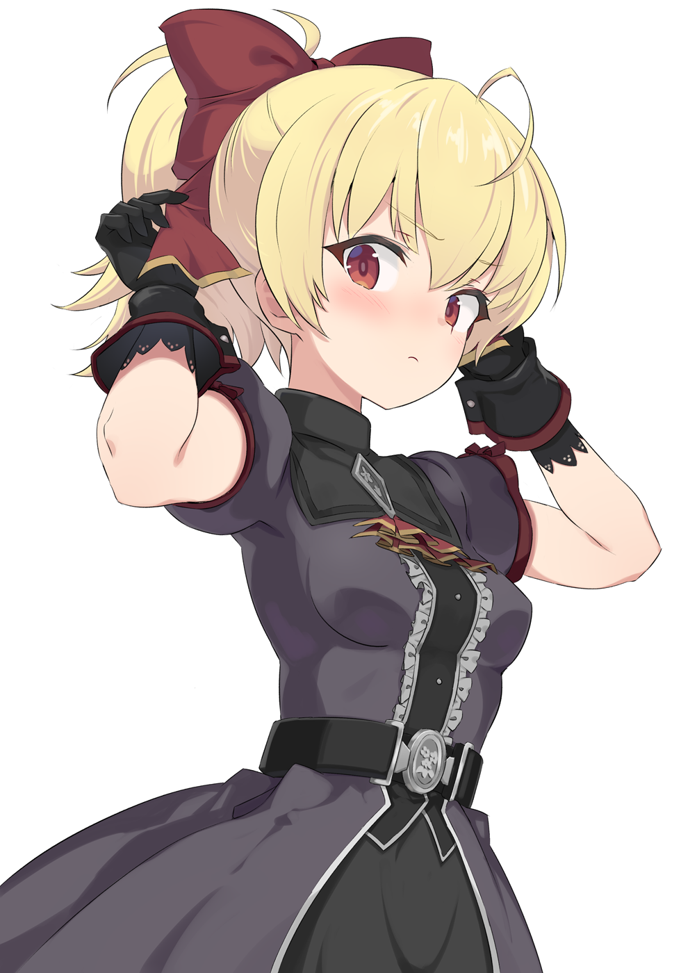 1girl adjusting_bow ahoge andou_tazusa assault_lily belt black_belt black_dress black_gloves blonde_hair blush bow bowtie breasts center_frills closed_mouth cowboy_shot dress frilled_dress frills gloves grey_dress hair_between_eyes hands_up high_ponytail highres layered_dress looking_at_viewer looking_to_the_side official_alternate_costume pera ponytail red_bow red_bowtie red_eyes short_hair short_sleeves sidelocks simple_background small_breasts solo standing two-tone_dress white_background