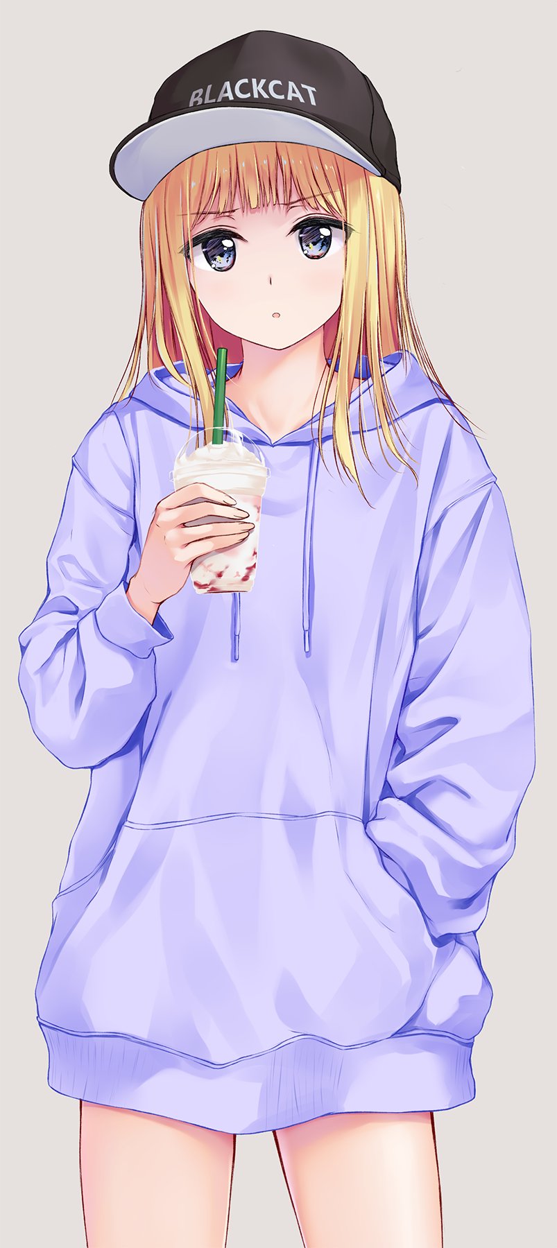 1girl :o baseball_cap black_headwear blonde_hair cowboy_shot cup disposable_cup drawstring drinking_straw grey_background hand_in_pocket hat headwear_writing highres holding holding_cup hood hoodie no_pants original pasdar purple_hoodie simple_background solo violet_eyes