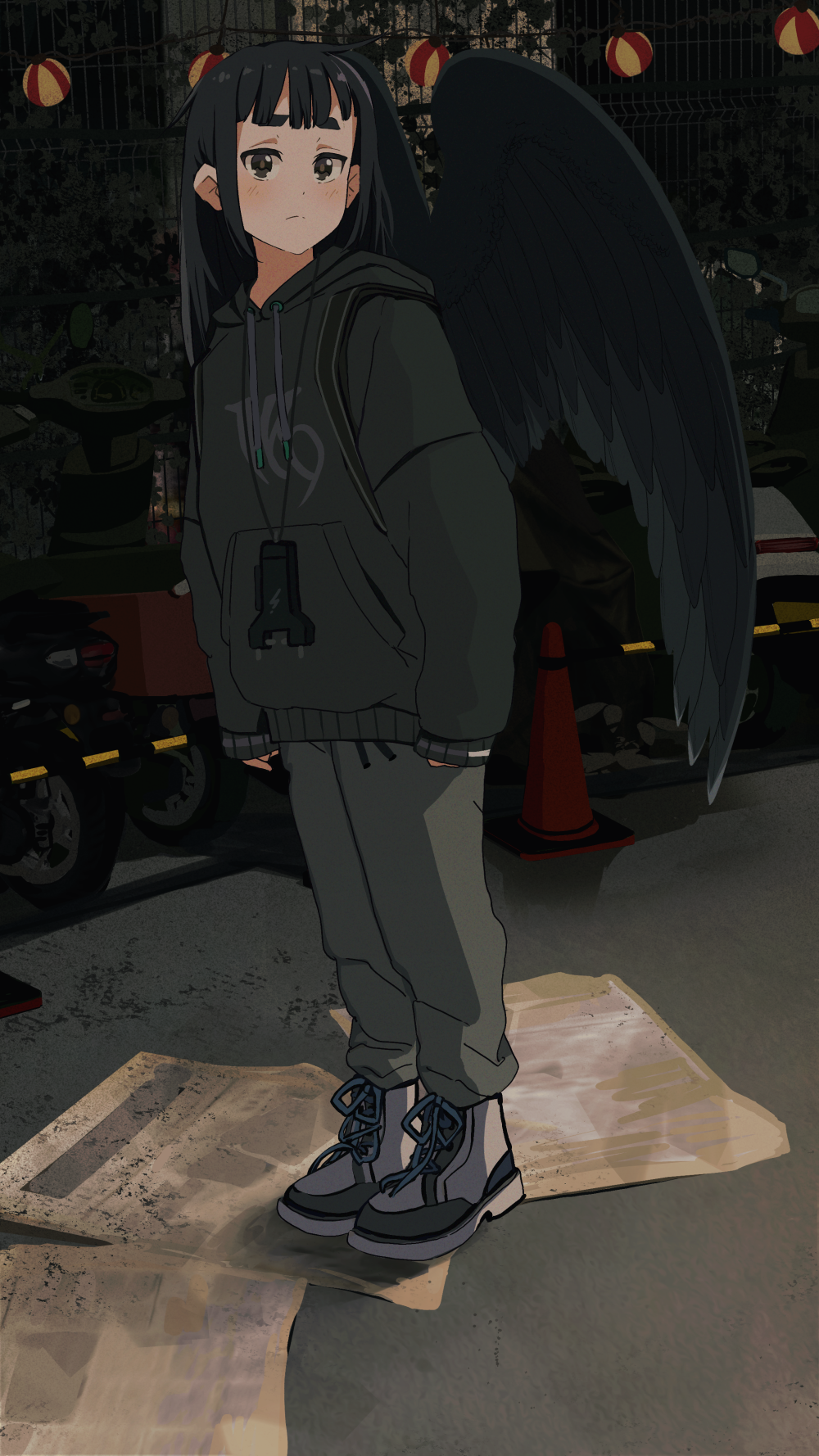 1girl angel_wings black_eyes black_feathers black_footwear black_hair black_hoodie black_wings blunt_bangs blush boots commentary costume dark drawstring fake_wings feathered_wings feathers from_side frown full_body grey_pants highres hood hoodie ira_(servachok) lantern lanyard light_blush light_frown long_hair long_sleeves looking_at_viewer looking_to_the_side motor_vehicle motorcycle newspaper original pants paper_lantern russian_commentary servachok short_eyebrows sleeves_past_wrists solo standing strap string_of_light_bulbs taser thick_eyebrows traffic_cone two-tone_footwear white_footwear wings